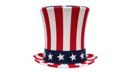 A classic uncle sam style top hat featuring red and white stripes with a blue band adorned with white stars, perfect for national holidays.