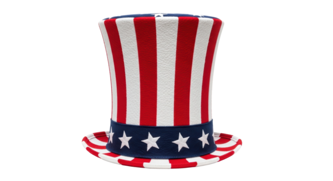 A classic uncle sam style top hat featuring red and white stripes with a blue band adorned with white stars, perfect for national holidays.