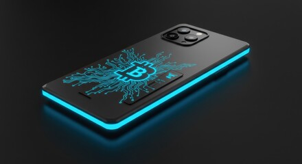 Futuristic Smartphone with Bitcoin Cryptocurrency Symbol and Circuit Design Glowing Edge