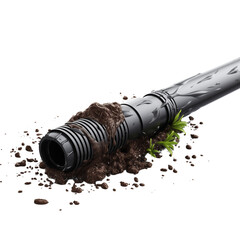 Black irrigation hose lying in soil with green sprouts and water  