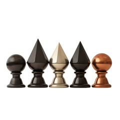 Decorative metal finials in various shapes and colors on white background  