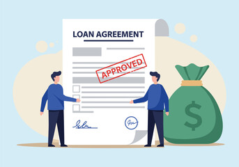 Loan Approval: Business Professionals Exchanging a Signed Loan Agreement with a Bag of Money, Symbolizing Financial Success and Funding.