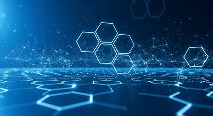 Obraz premium Abstract digital network, glowing hexagons and interconnected nodes forming a futuristic landscape.