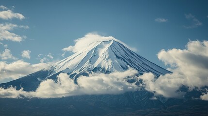 Majestic snow-capped mountain peak rises above the clouds against a clear blue sky.