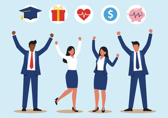 Corporate Celebration: Business Team Celebrating with Symbols of Success, Health, and Wealth.