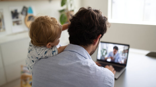 Father working on laptop with toddler on shoulder, engaging in video call, joyful moment