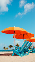 Colorful umbrellas shade teal blue beach chairs on a sandy shore. Palms sway gently in the breeze, creating a relaxing atmosphere under a clear summer sky. Generative AI.