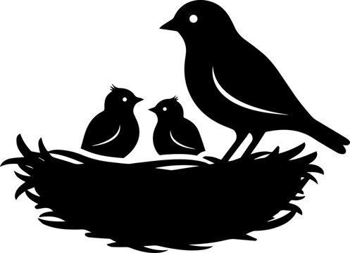 ird Family in Nest Silhouette - Mother Bird and Chicks