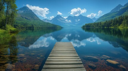Serene Mountain Lake with Wooden Dock and Reflecting Sky