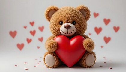Valentines Teddy Bear hug red heart. 3D style. isolated on white