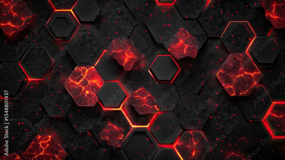 Poster abstract hexagonal pattern with glowing lava-like elements