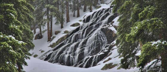 Winter Waterfall in Snowy Forest
