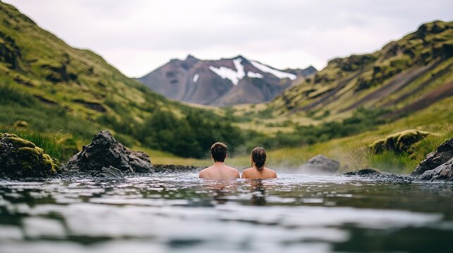 Two people relax in a natural hot spring surrounded by lush green mountains and distant snow-capped peaks.