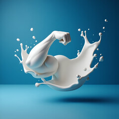 strong milk arm on blue background Milk products advertisement concept/ Creamy milk splash with copy space