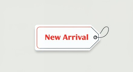 Stylish White "New Arrival" Tag with Red Text and Black String