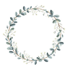 Fototapeta premium Delicate wreath of eucalyptus and baby's breath, circular and airy on white background.