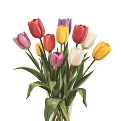 Obraz premium Bright-colored tulips in a flat vector bouquet on white background, lively and cheerful.