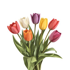 Obraz premium Bright-colored tulips in a flat vector bouquet on white background, lively and cheerful.