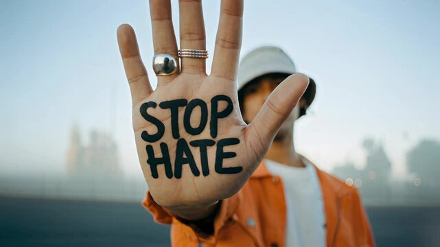 Young man's message: 'Stop Hate', promoting tolerance and respect in modern society
