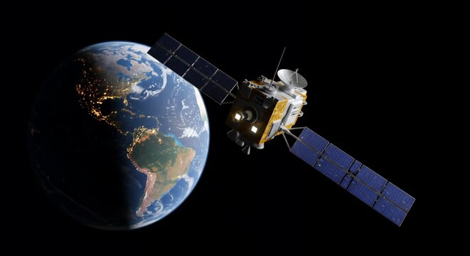 Earth Observation Satellite Orbiting Illuminated Nightside of Planet Earth