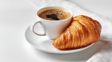 A freshly baked croissant served with a hot cup of coffee on a white plate, perfect for a morning boost or cozy brunch.