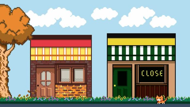 Pixel art street scene animation of moving clouds, walking cats and falling leaves with vintage european coffee shop, blue sky, flowers. Perfect for game backgrounds, urban scenes, lofi background.