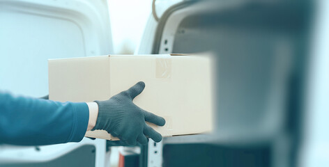 Fototapeta premium Gloved worker's hands carefully handling a cardboard package in front of an open delivery van, capturing the precision of modern logistics and parcel service.