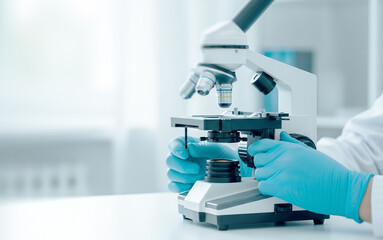 Gloved hands precisely adjusting a modern laboratory microscope in a bright sterile environment, emphasizing clinical precision and scientific research.
