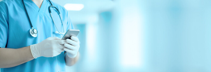 Doctor in medical scrubs and gloves using a smartphone in a bright hospital corridor, highlighting digital communication and mobile healthcare access on the go.