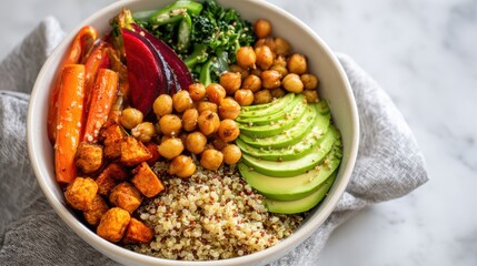 A vibrant and healthy grain bowl featuring quinoa, chickpeas, avocado, and assorted vegetables, perfect for nutritious meals.