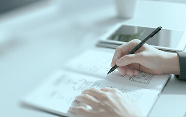 Fototapeta premium Designer hand sketching wireframes and layout ideas in a notebook beside a tablet on a clean desk, capturing the early creative process of digital product design.