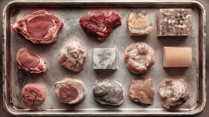 Aerial view of assorted meat cuts arranged on a metallic tray, showcasing variety and freshness for culinary inspiration.