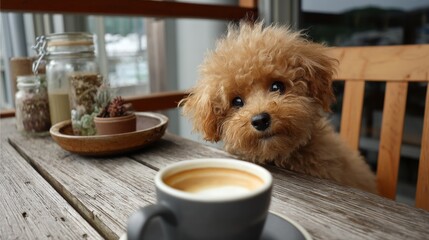 Curious poodle puppy peeking at cappuccino on rustic café table