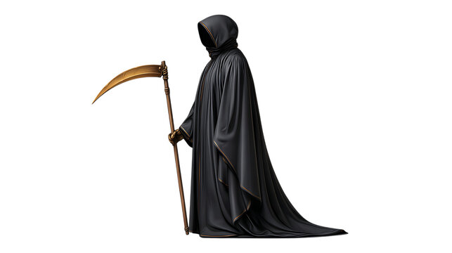 Grim reaper in black robe holding golden scythe isolated on transparent background