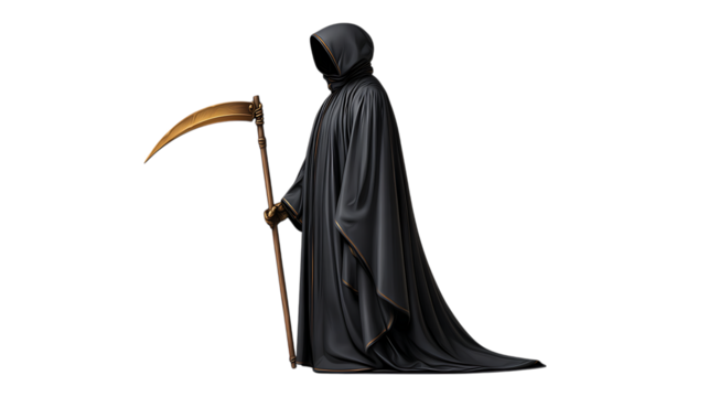 Grim reaper in black robe holding golden scythe isolated on transparent background