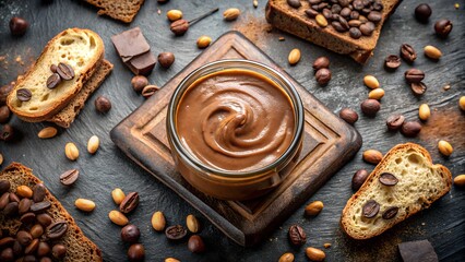 Artisan Chocolate Spread Delight: An artistic arrangement of chocolate spread, bread slices, and cocoa beans, showcasing the exquisite texture and richness of gourmet chocolate.