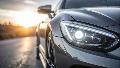 Dramatic close-up captures the sleek headlight of a luxury car bathed in golden sunset lighting.