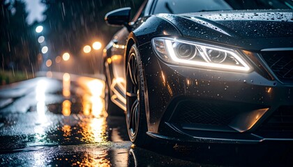 Dramatic view of a black sport car headlight illuminating wet asphalt under rainy neon reflections