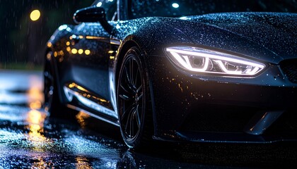 Headlight of a sport car shines brightly at night amidst neon reflections and rain on a wet surface.