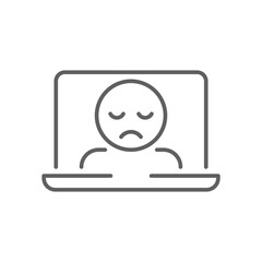 Sad Face on Laptop Icon Vector, Outline Symbol of Zoom Fatigue, Remote Work Burnout, Screen Exhaustion, and Video Call Stress, Editable Stroke Digital Fatigue Icon Design