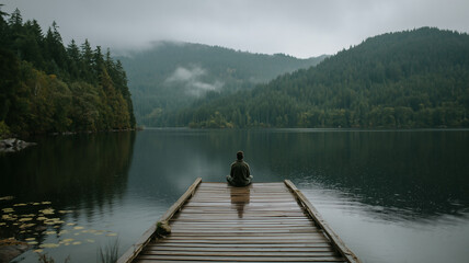 Fototapeta premium Man sitting on a wooden dock feet in water