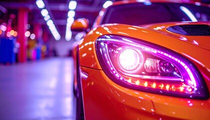 Retro sports car detail shows a luminous headlight in a garage with vintage color grading, creating