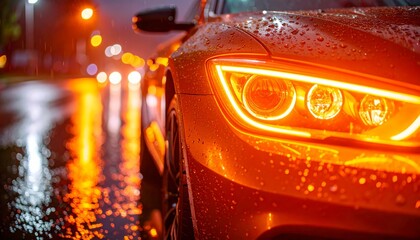 Sportscar headlight glows on a rainy night, reflections of neon lights shimmering on wet street.