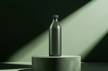Sleek Green Bottle Lit by Dramatic Angled Light

