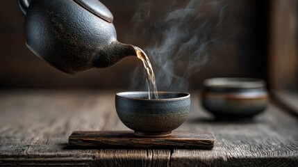 Steaming tea pouring in rustic ceramic teacup on wooden table