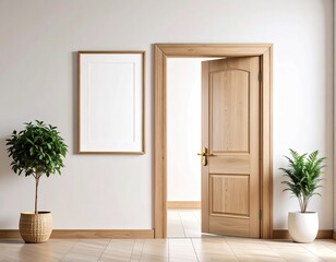 Bright Interior with Open Door, Frame and Green Plants