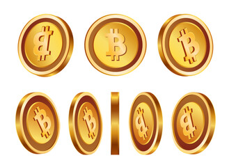 Set of golden bitcoin coins shown from multiple angles and perspectives on white background for cryptocurrency design