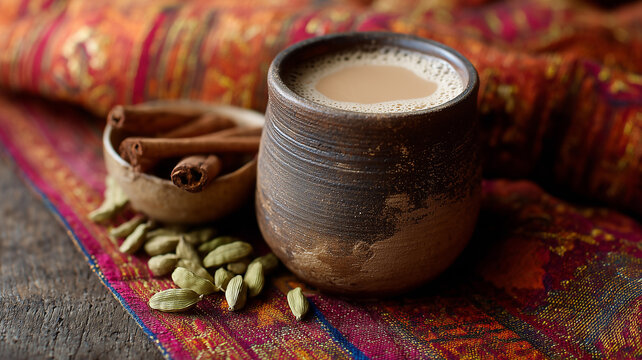 Chai tea in a rustic clay cup with cardamom