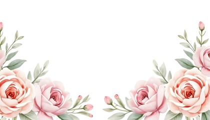 Delicate Pink Roses with Green Leaves on White Background