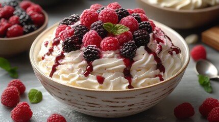 Delicious Berry Meringue Dessert Topped with Whipped Cream and Fruit Coulis